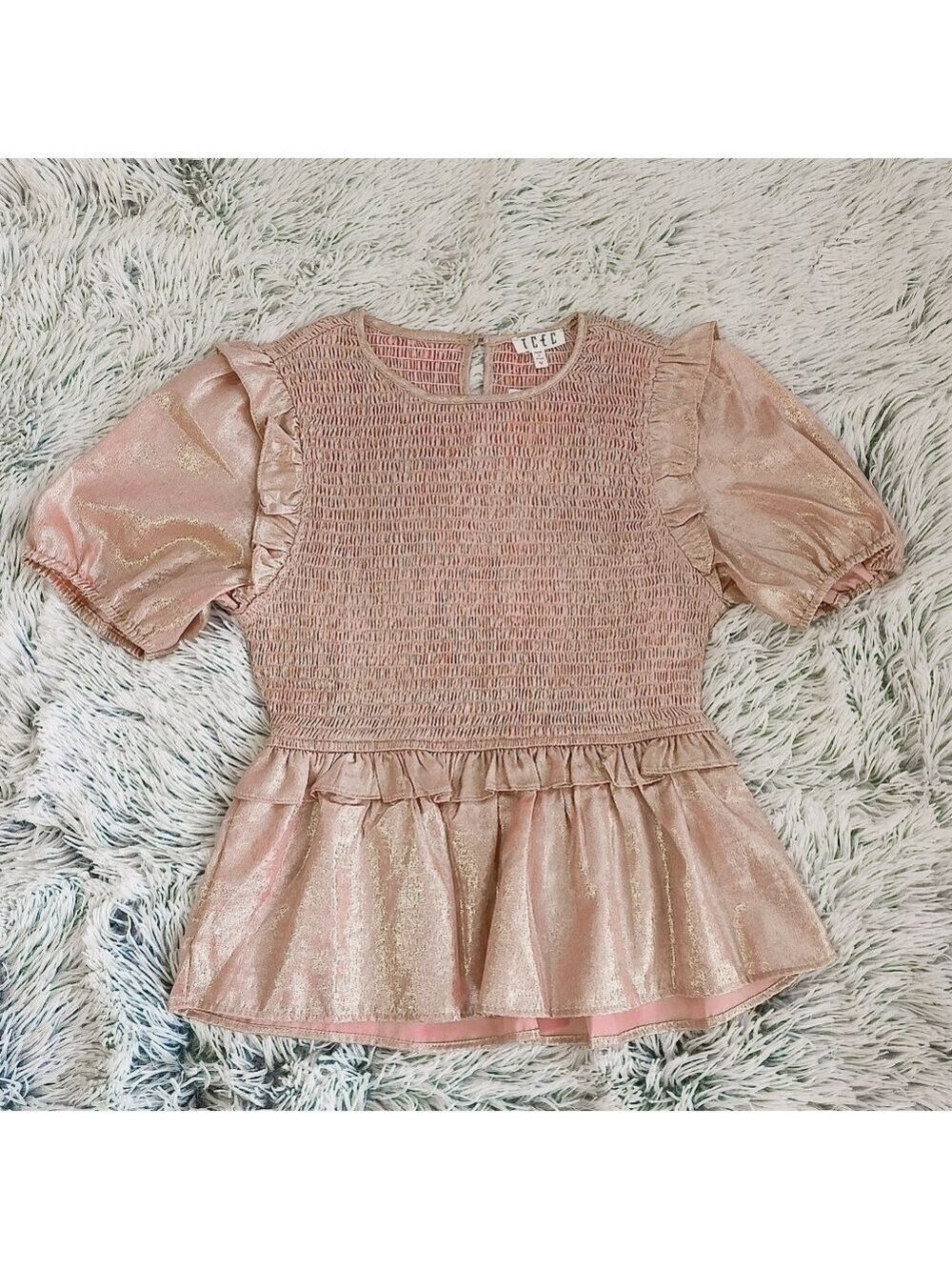 TCEC Metallic Pink Smocked Peplum Top Boutique NWT size medium